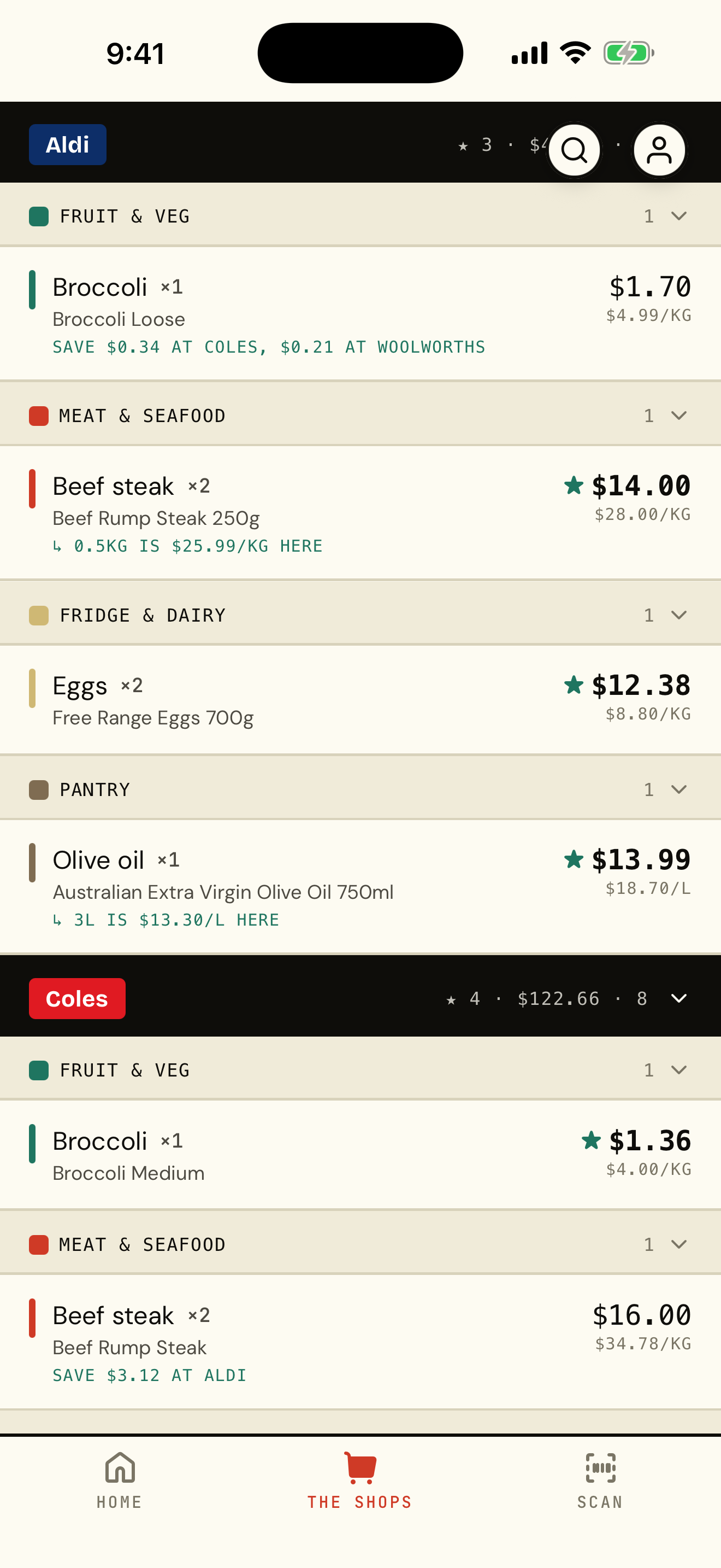 The Shops app comparing a household shopping list and prices at Aldi and Coles